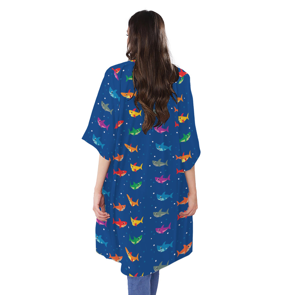 Colorful Baby Sharks Pattern Print Open Front Beach Cover Up