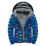 Colorful Baby Sharks Pattern Print Sherpa Lined Zip Up Hoodie