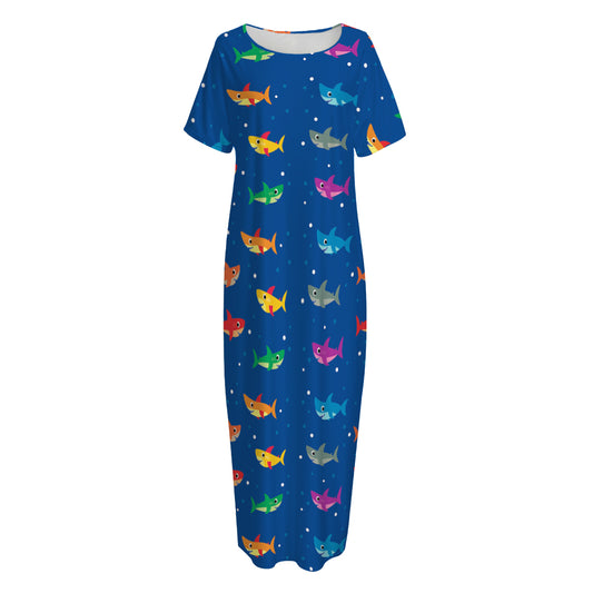 Colorful Baby Sharks Pattern Print Short Sleeve Long Nightdress