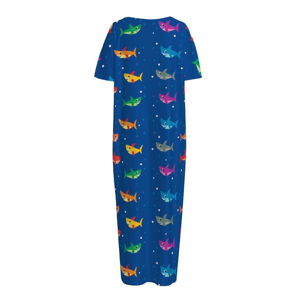 Colorful Baby Sharks Pattern Print Short Sleeve Long Nightdress