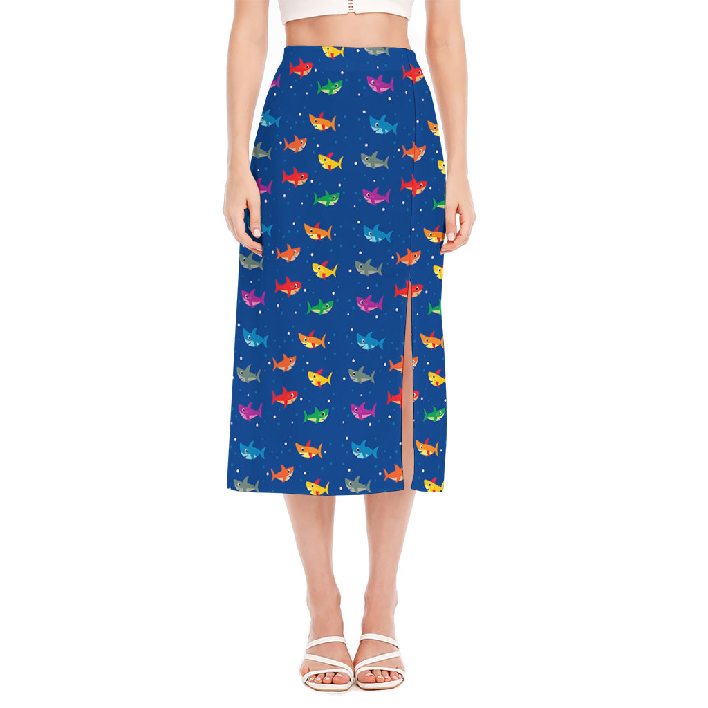 Colorful Baby Sharks Pattern Print Side Slit Midi Skirt