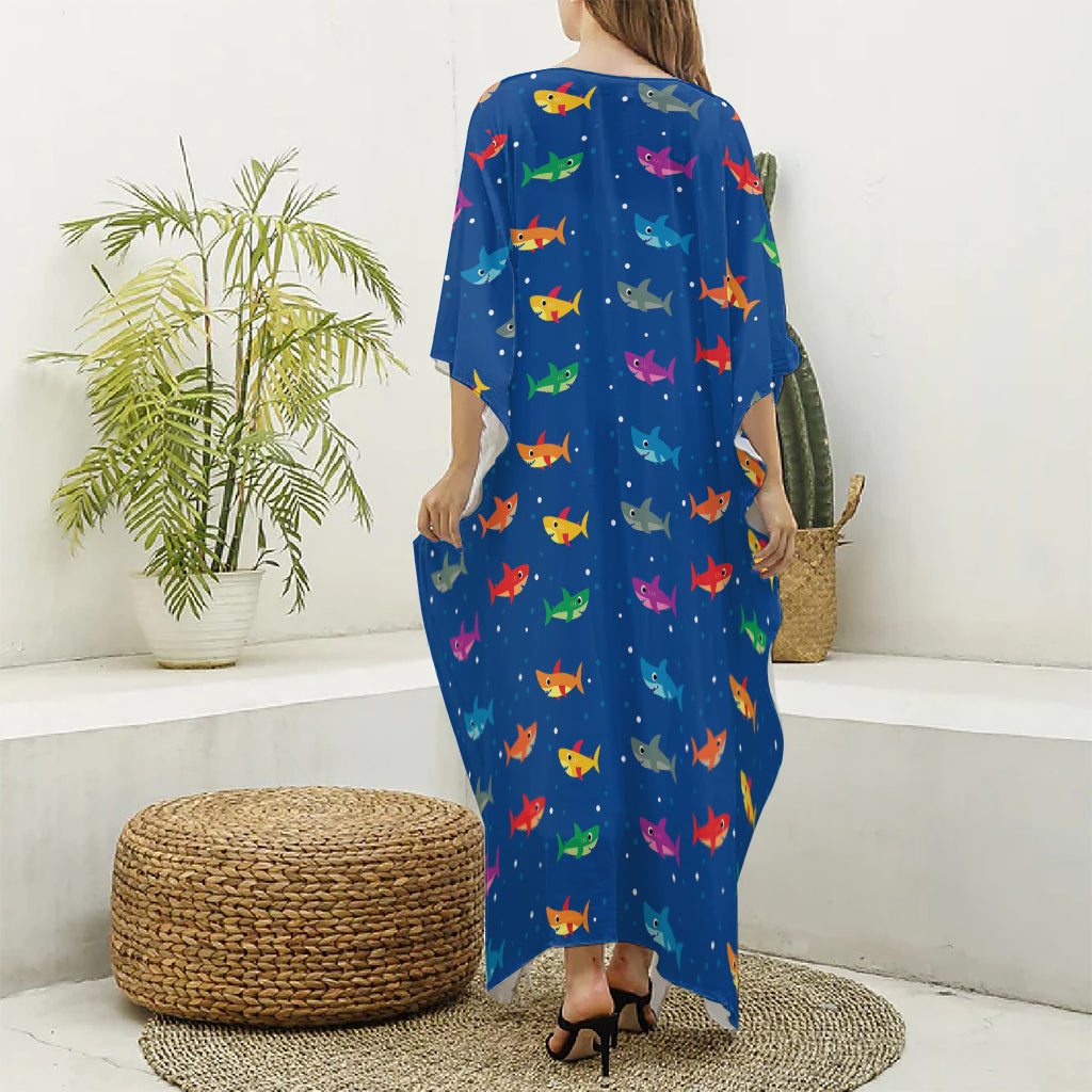 Colorful Baby Sharks Pattern Print Silk V-Neck Kaftan Dress