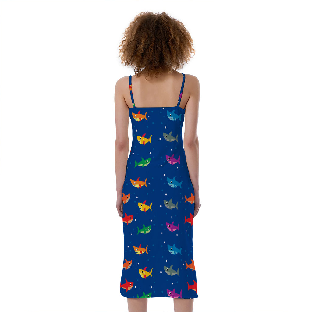 Colorful Baby Sharks Pattern Print Slim Fit Midi Cami Dress