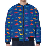 Colorful Baby Sharks Pattern Print Zip Sleeve Bomber Jacket