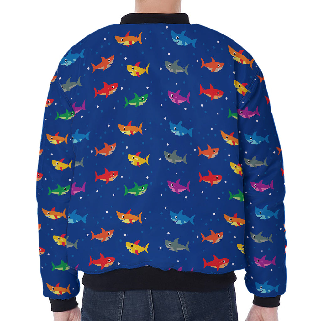 Colorful Baby Sharks Pattern Print Zip Sleeve Bomber Jacket
