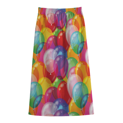 Colorful Balloon Pattern Print Cotton Front Slit Maxi Skirt