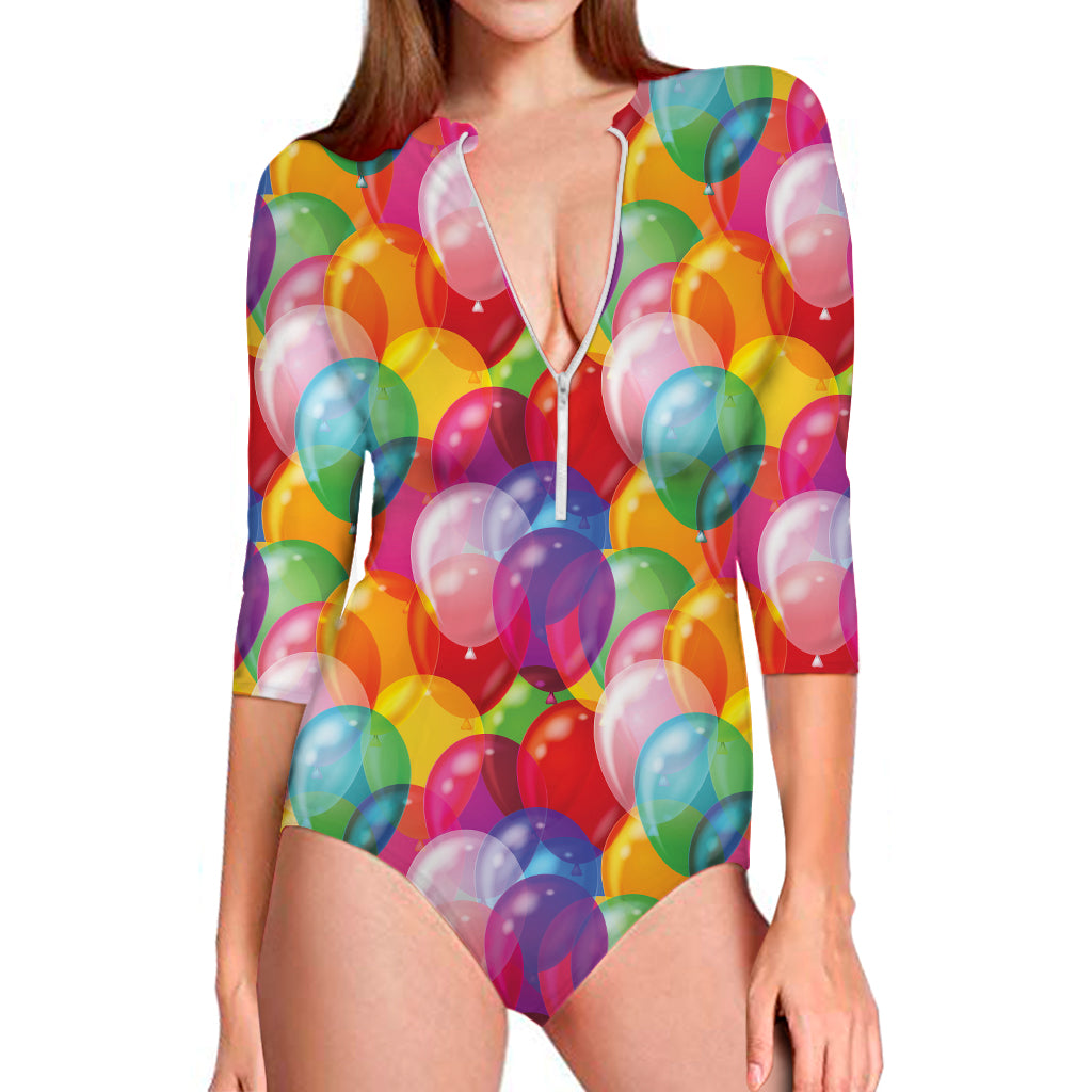 Colorful Balloon Pattern Print Long Sleeve Swimsuit