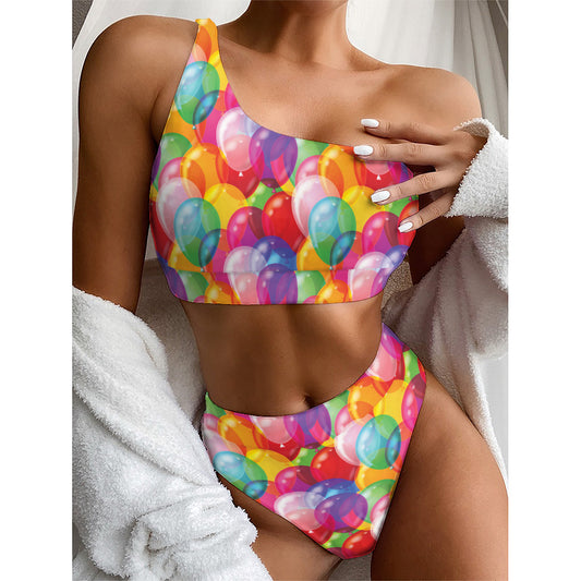 Colorful Balloon Pattern Print One Shoulder Bikini Top
