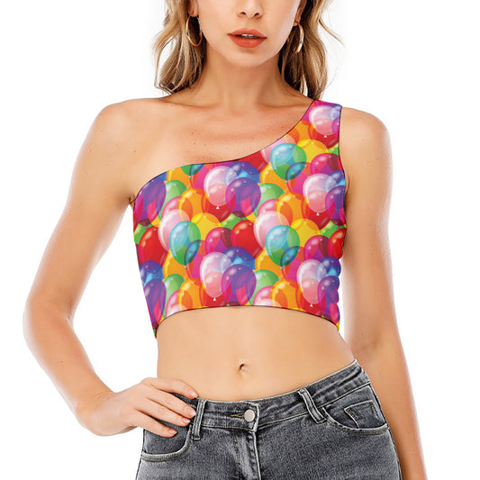 Colorful Balloon Pattern Print One Shoulder Crop Top