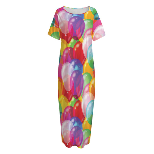Colorful Balloon Pattern Print Short Sleeve Long Nightdress