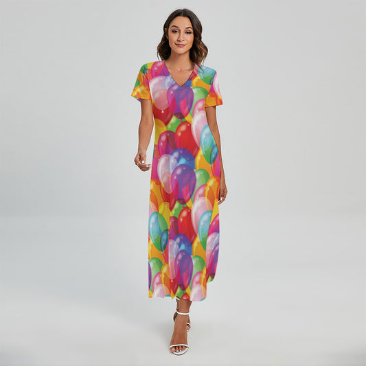 Colorful Balloon Pattern Print Short Sleeve Maxi Dress