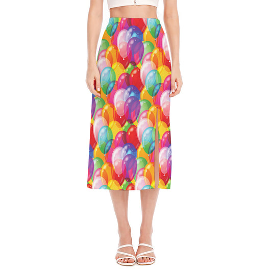 Colorful Balloon Pattern Print Side Slit Midi Skirt