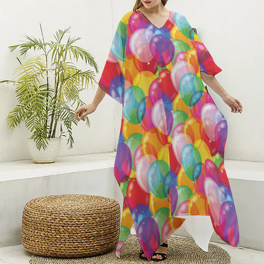 Colorful Balloon Pattern Print Silk V-Neck Kaftan Dress