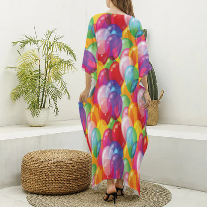Colorful Balloon Pattern Print Silk V-Neck Kaftan Dress