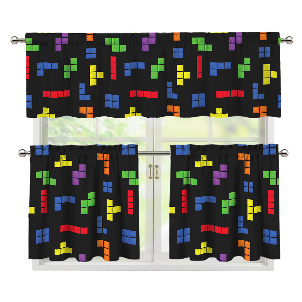 Colorful Block Puzzle Game Pattern Print 3 Piece Kitchen Curtains
