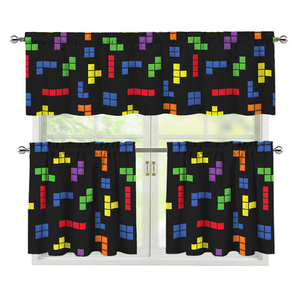Colorful Block Puzzle Game Pattern Print 3 Piece Kitchen Curtains