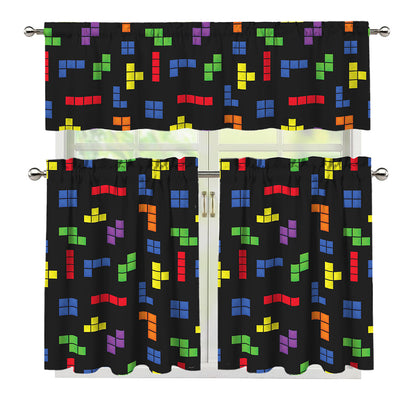 Colorful Block Puzzle Game Pattern Print 3 Piece Kitchen Curtains