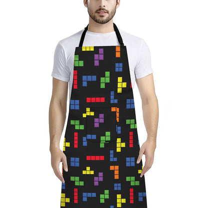 Colorful Block Puzzle Game Pattern Print Bib Apron With Pocket