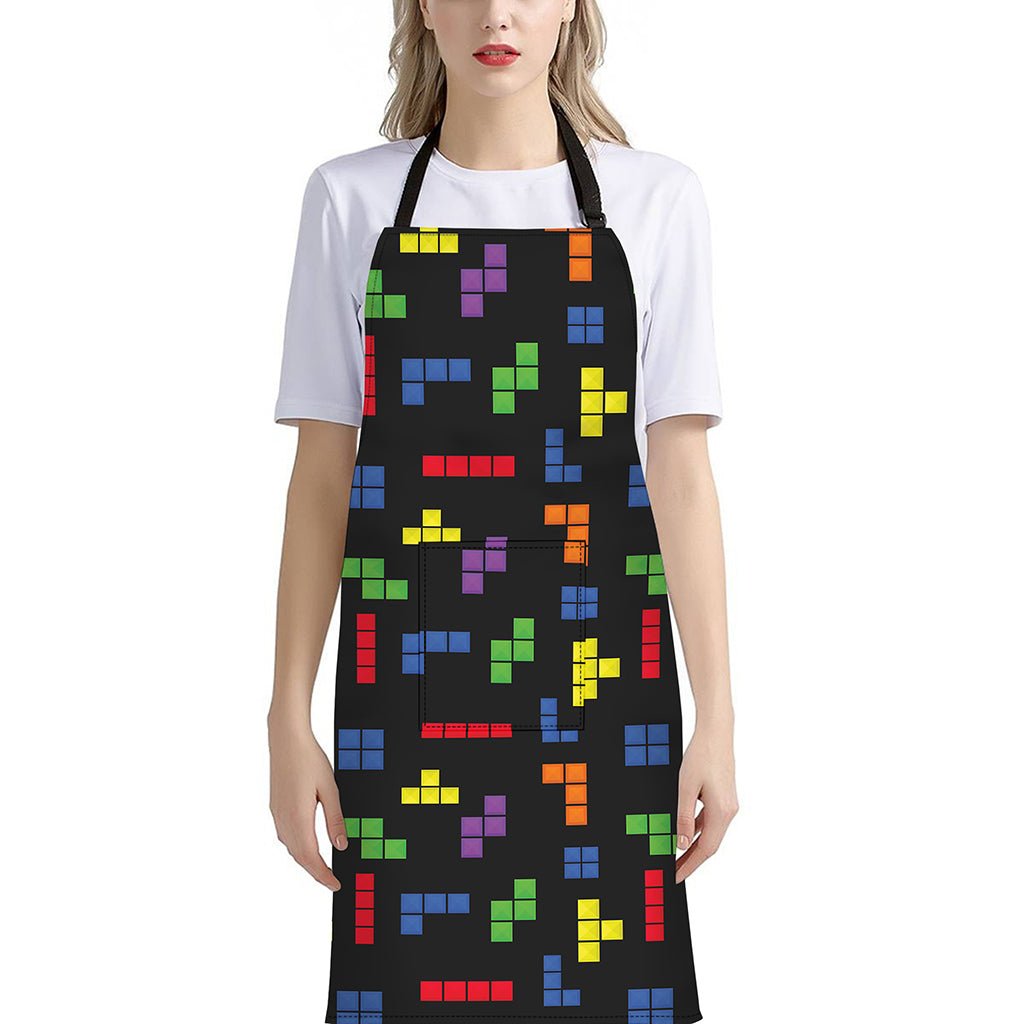 Colorful Block Puzzle Game Pattern Print Bib Apron With Pocket