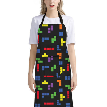 Colorful Block Puzzle Game Pattern Print Bib Apron With Pocket