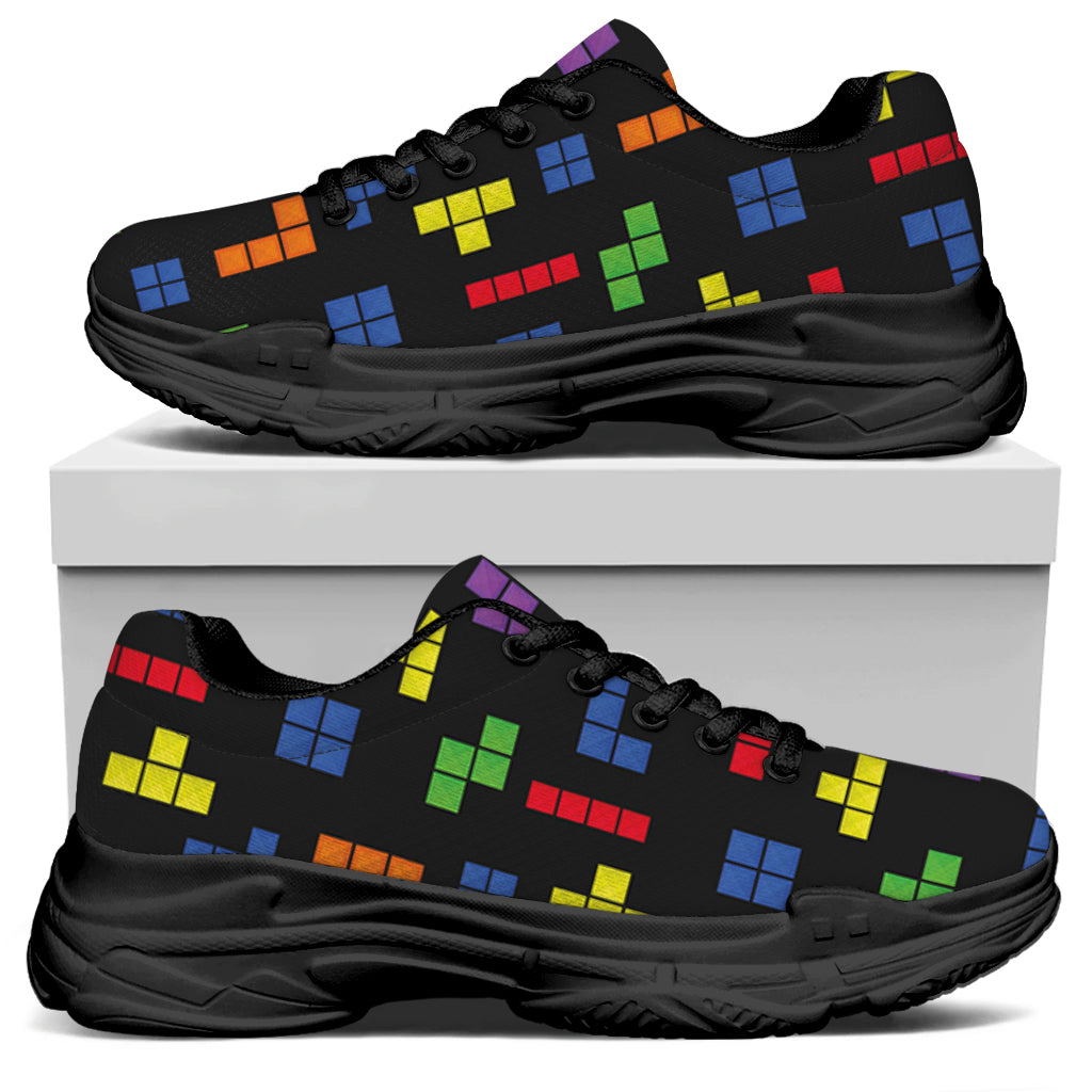 Colorful Block Puzzle Game Pattern Print Black Chunky Shoes