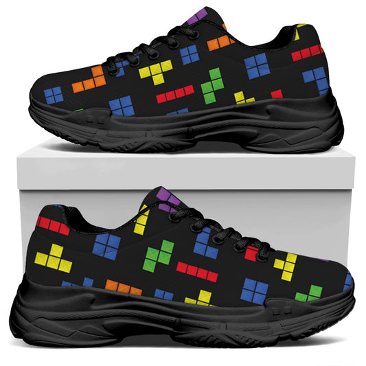Colorful Block Puzzle Game Pattern Print Black Chunky Shoes