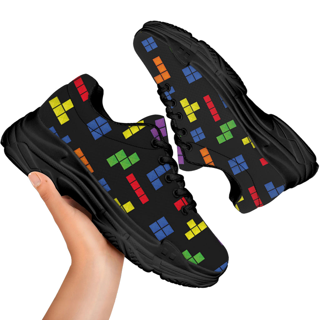 Colorful Block Puzzle Game Pattern Print Black Chunky Shoes