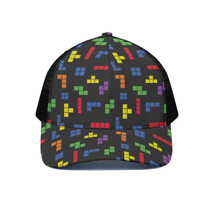 Colorful Block Puzzle Game Pattern Print Black Mesh Trucker Cap