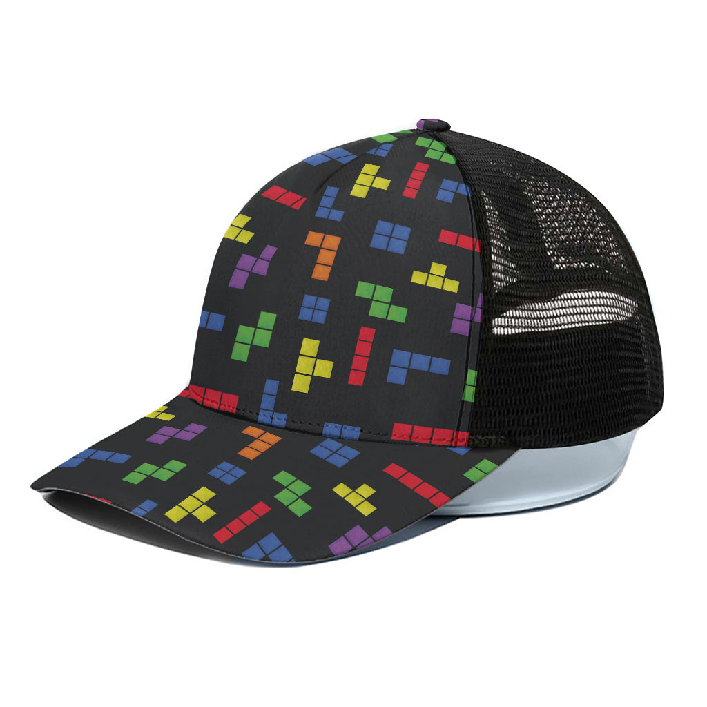 Colorful Block Puzzle Game Pattern Print Black Mesh Trucker Cap