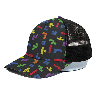 Colorful Block Puzzle Game Pattern Print Black Mesh Trucker Cap