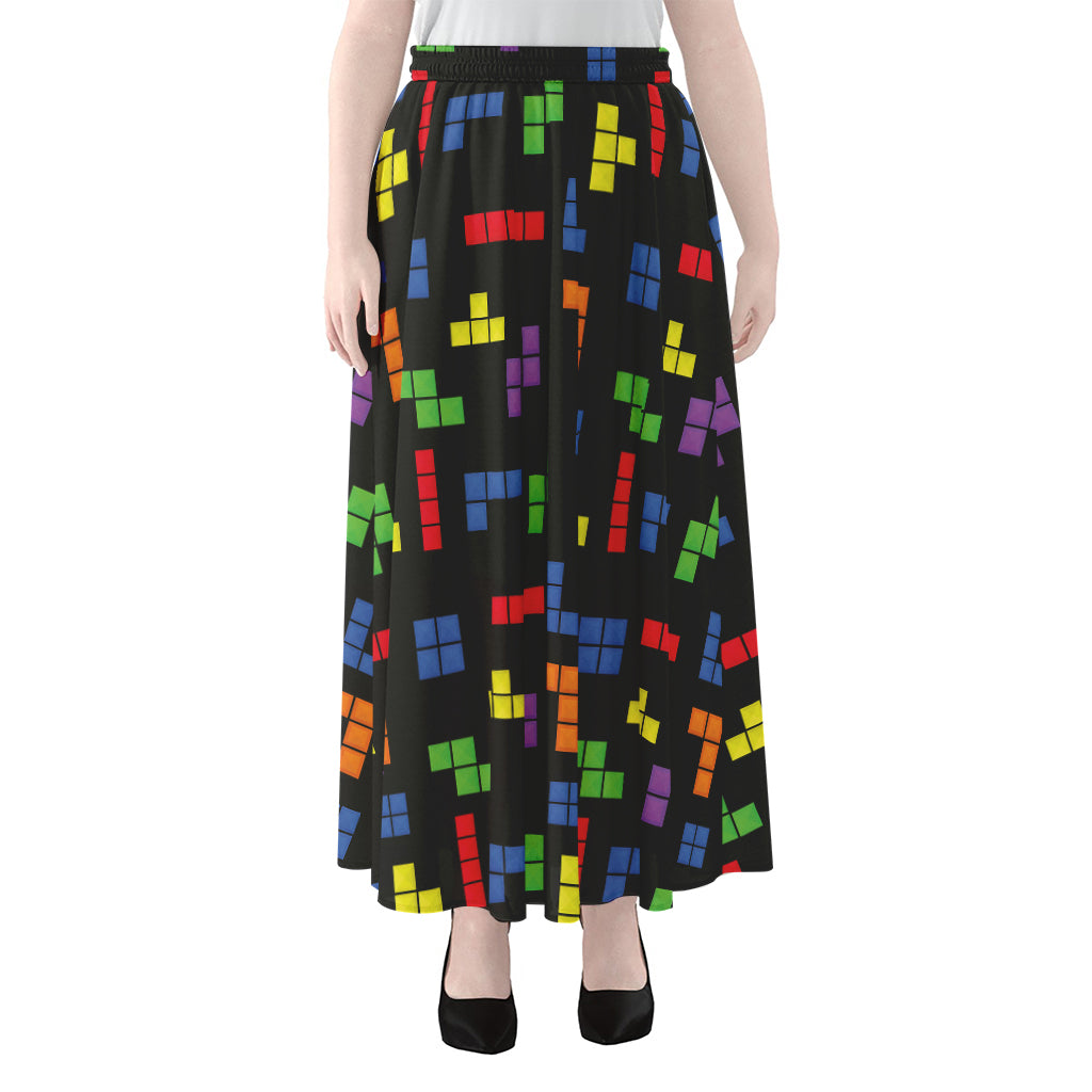 Colorful Block Puzzle Game Pattern Print Chiffon Maxi Skirt