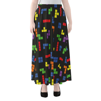 Colorful Block Puzzle Game Pattern Print Chiffon Maxi Skirt