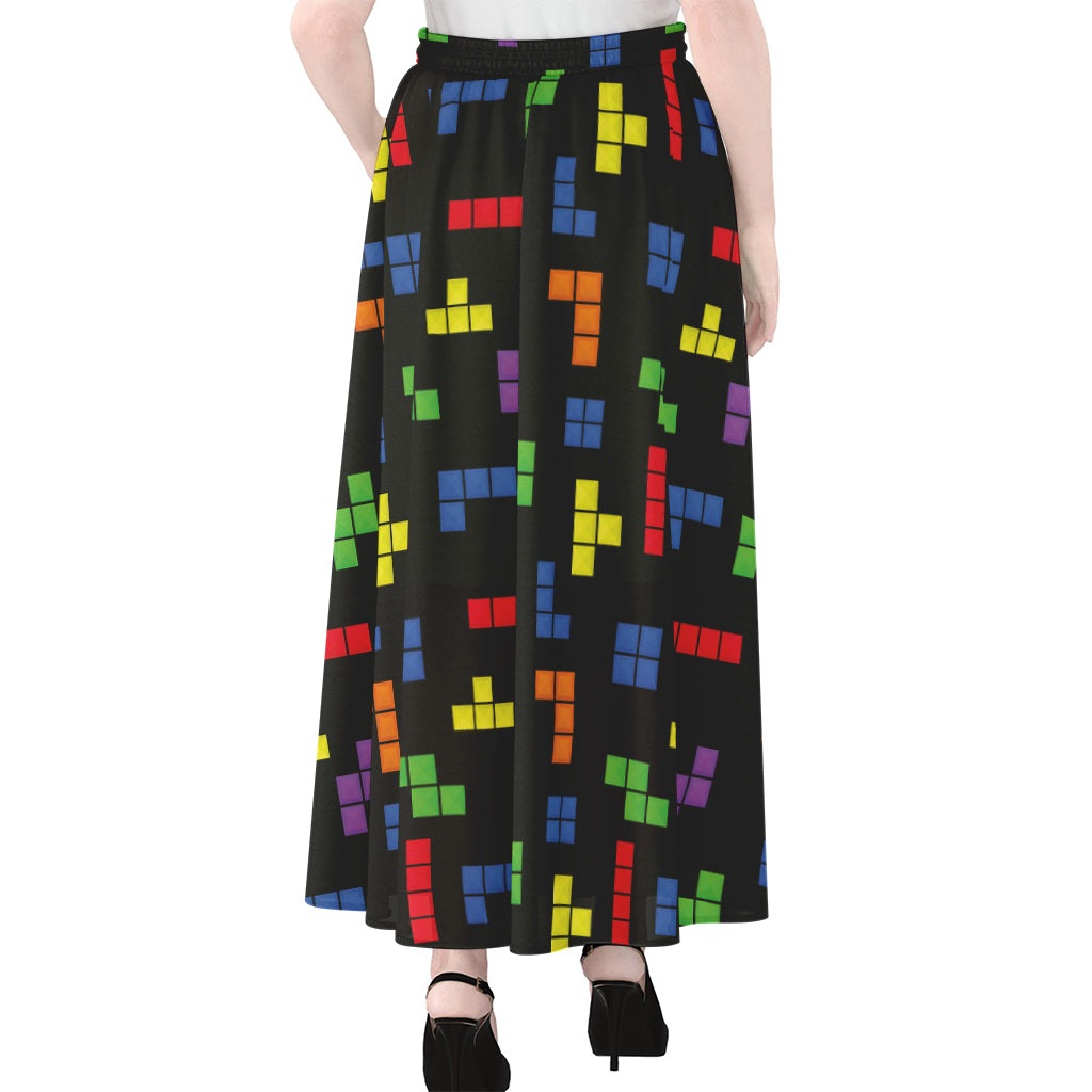 Colorful Block Puzzle Game Pattern Print Chiffon Maxi Skirt