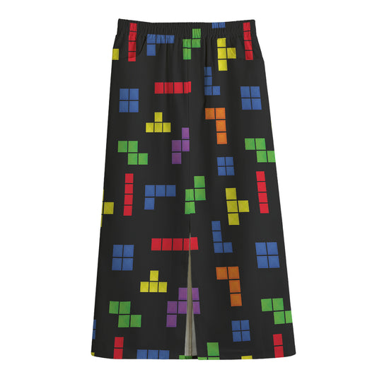 Colorful Block Puzzle Game Pattern Print Cotton Front Slit Maxi Skirt