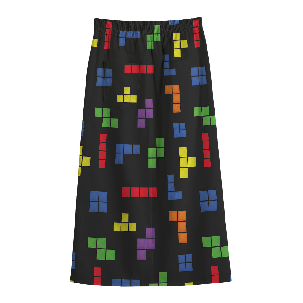 Colorful Block Puzzle Game Pattern Print Cotton Front Slit Maxi Skirt