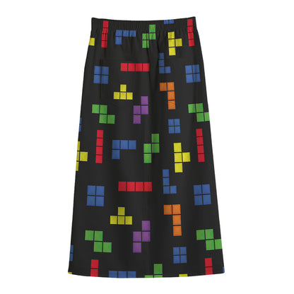 Colorful Block Puzzle Game Pattern Print Cotton Front Slit Maxi Skirt