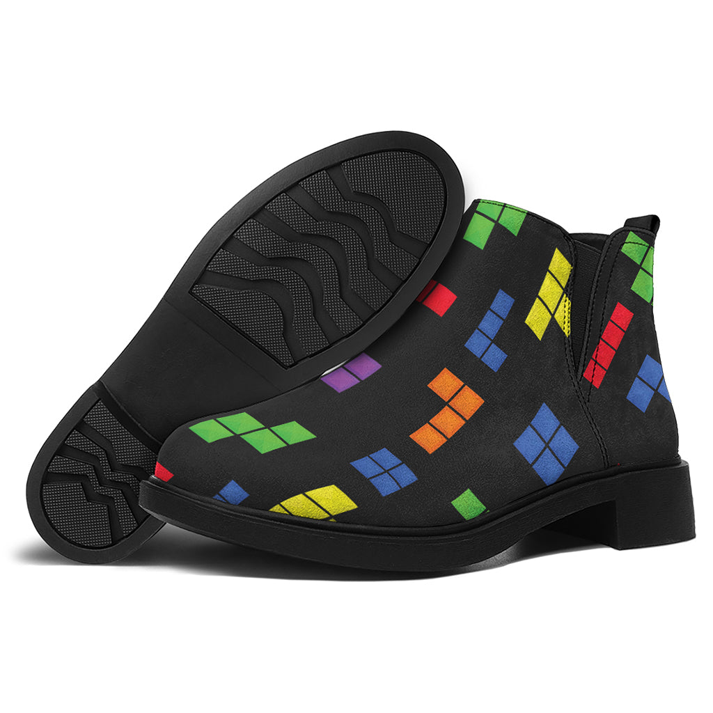 Colorful Block Puzzle Game Pattern Print Flat Ankle Boots