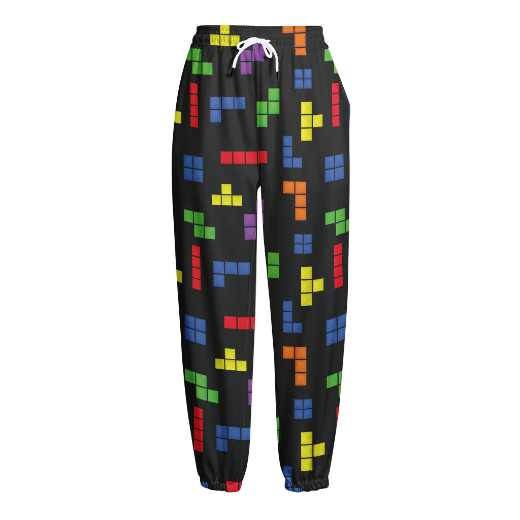 Colorful Block Puzzle Game Pattern Print Fleece Lined Knit Pants