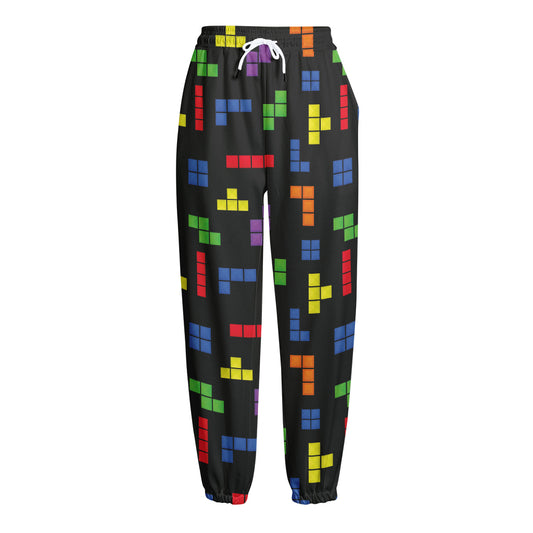 Colorful Block Puzzle Game Pattern Print Fleece Lined Knit Pants
