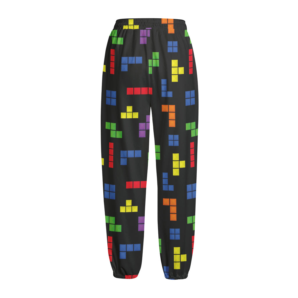 Colorful Block Puzzle Game Pattern Print Fleece Lined Knit Pants