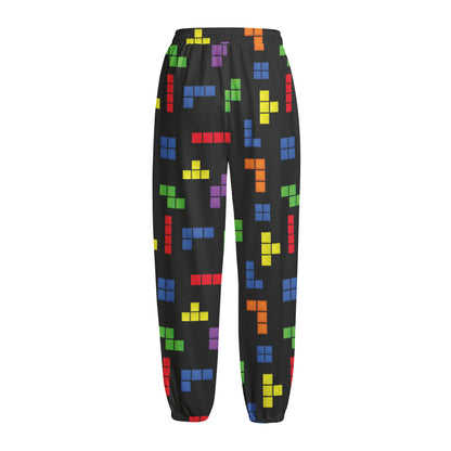 Colorful Block Puzzle Game Pattern Print Fleece Lined Knit Pants