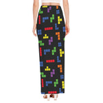 Colorful Block Puzzle Game Pattern Print High Slit Maxi Skirt