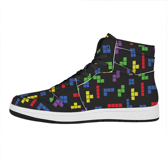 Colorful Block Puzzle Game Pattern Print High Top Leather Sneakers