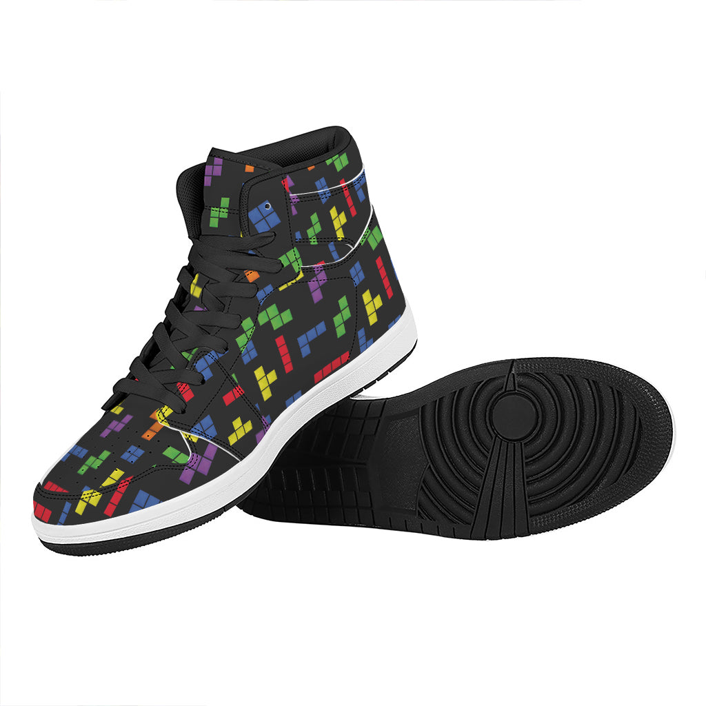 Colorful Block Puzzle Game Pattern Print High Top Leather Sneakers