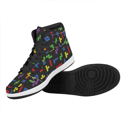 Colorful Block Puzzle Game Pattern Print High Top Leather Sneakers