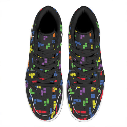 Colorful Block Puzzle Game Pattern Print High Top Leather Sneakers