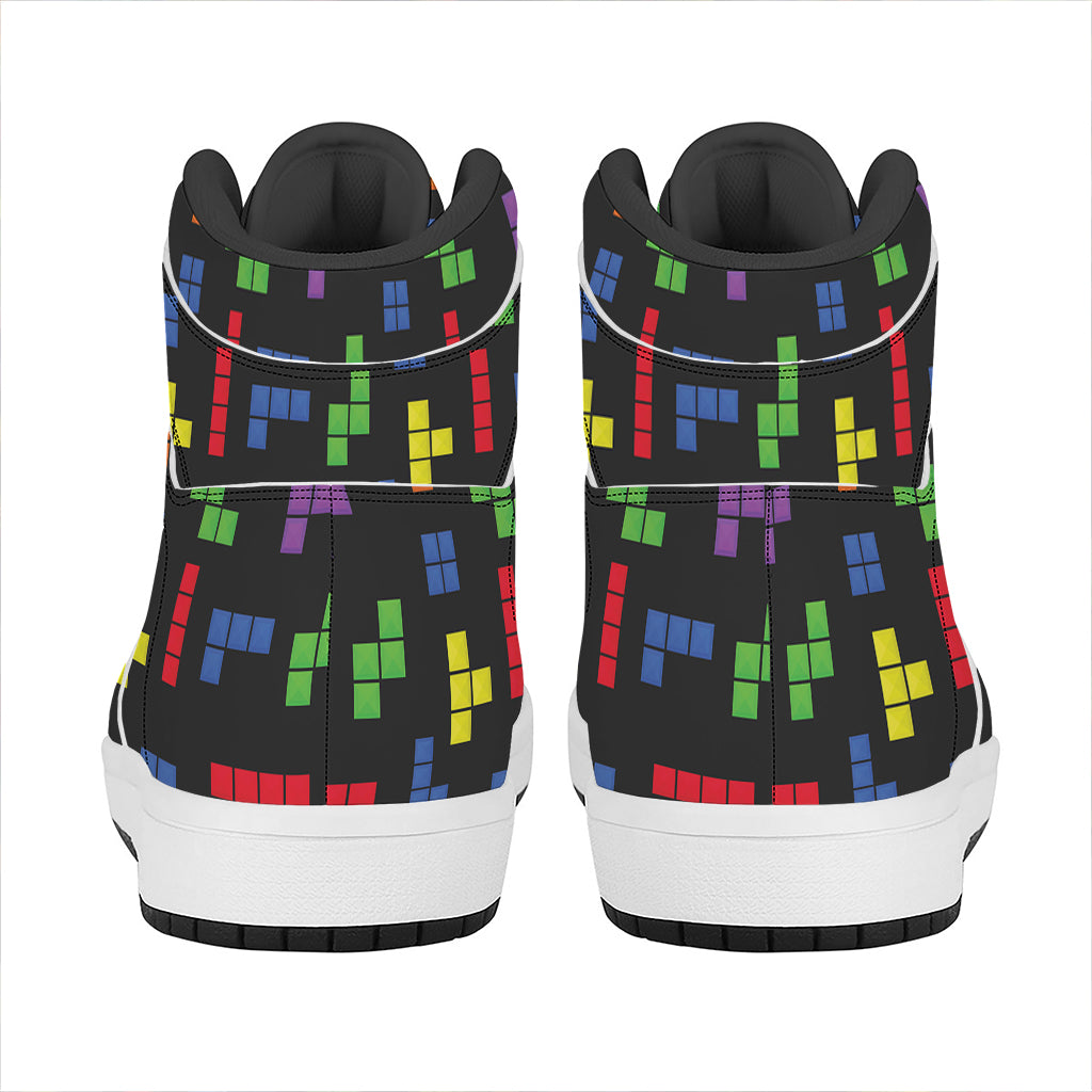 Colorful Block Puzzle Game Pattern Print High Top Leather Sneakers