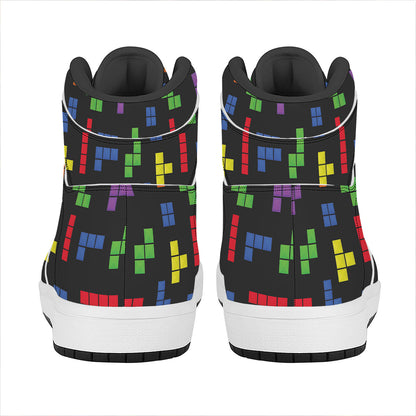 Colorful Block Puzzle Game Pattern Print High Top Leather Sneakers