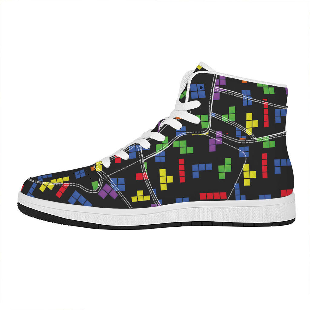 Colorful Block Puzzle Game Pattern Print High Top Leather Sneakers