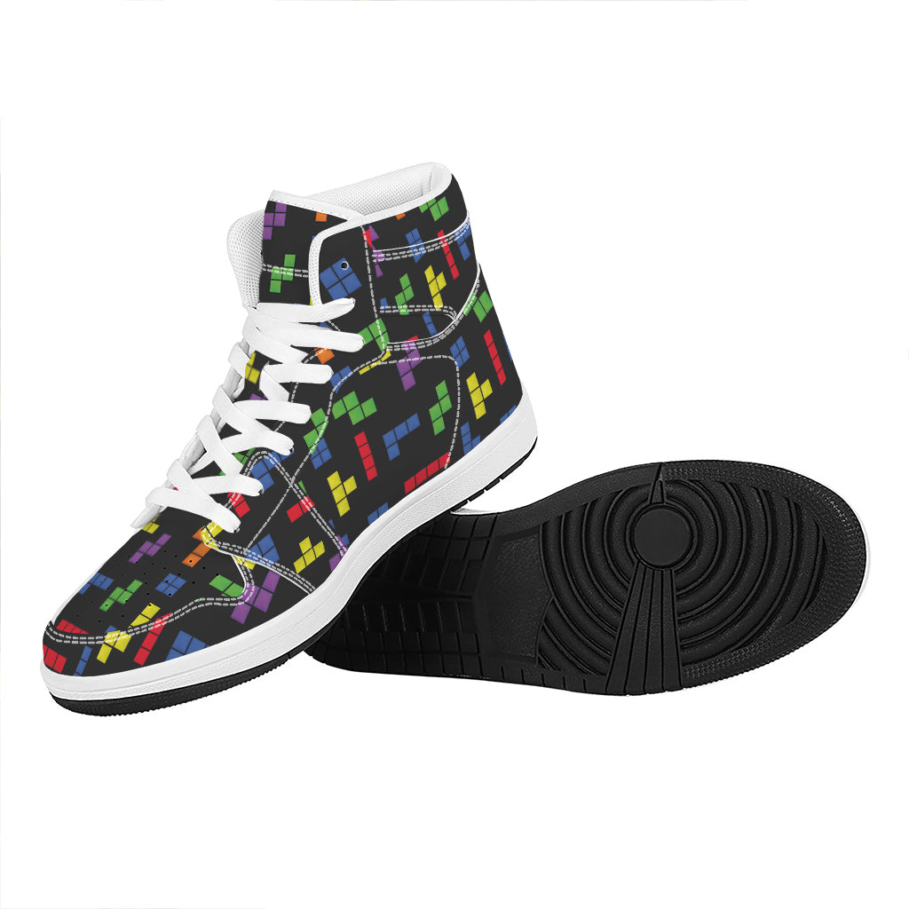 Colorful Block Puzzle Game Pattern Print High Top Leather Sneakers